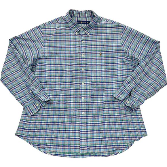 Polo Ralph Lauren Blue Green Plaid Button Long Sleeve 2XL Cotton Shirt Men's XXL - Picture 2 of 7